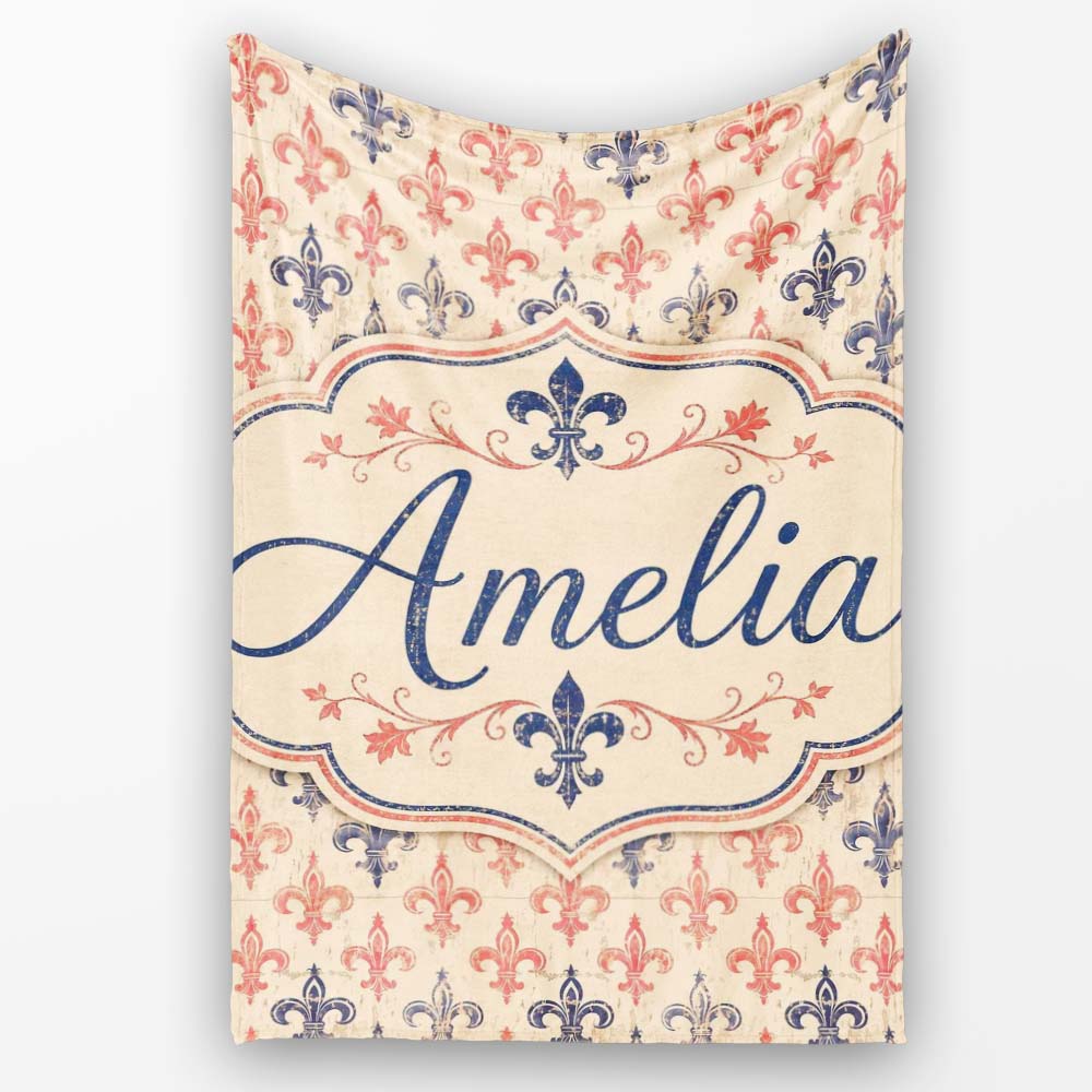 Vintage French Fleur de Lis in Red and Blue on Distressed Beige  Personalised Custom Name Super Soft Fleece Blanket Bed Sofa Throw