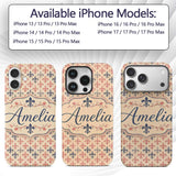Vintage French Fleur de Lis in Red and Blue on Custom Name Protective Phone Case Mobile Cover Durable Everyday Smartphone Shock Resistant