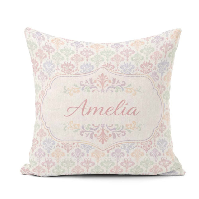 Custom Name Pastel Multicolor Fleur de Lis Pattern on Soft Cream Square Filled Cushion Throw Pillow Sofa Bed Home Decor Zip Washable UK Made