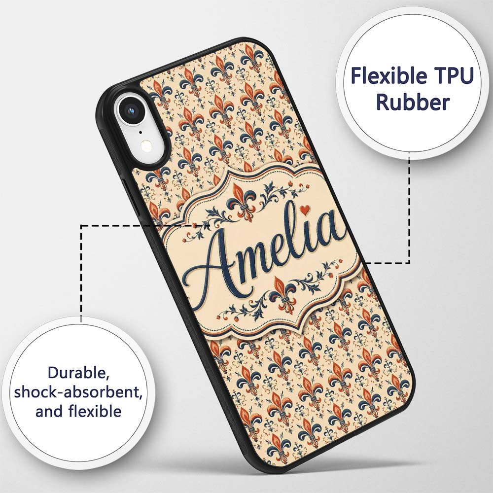 Vintage Red and Navy Ornate Fleur de Lis Floral Custom Name Protective Phone Case Mobile Cover Durable Everyday Smartphone Shock Resistant