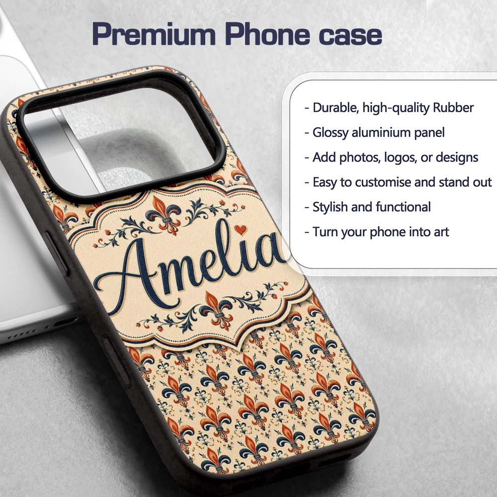 Vintage Red and Navy Ornate Fleur de Lis Floral Custom Name Protective Phone Case Mobile Cover Durable Everyday Smartphone Shock Resistant