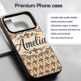 Vintage Red and Navy Ornate Fleur de Lis Floral Custom Name Protective Phone Case Mobile Cover Durable Everyday Smartphone Shock Resistant