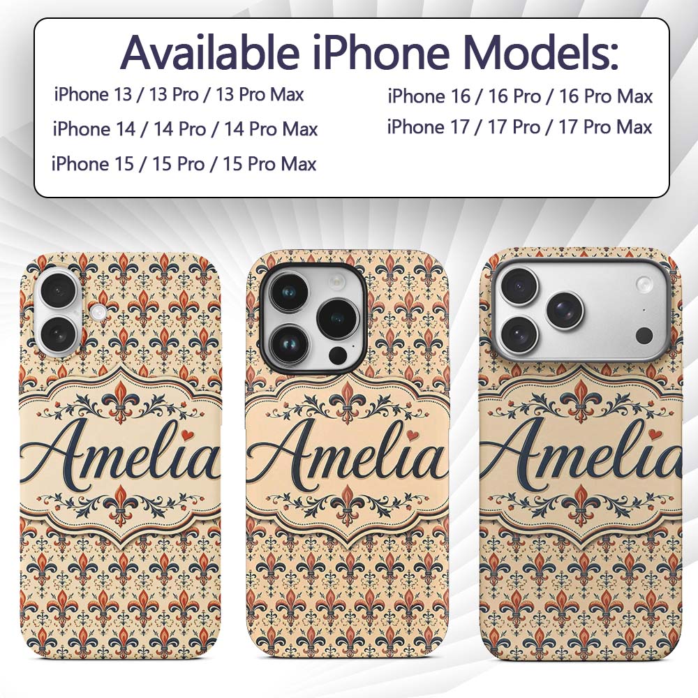 Vintage Red and Navy Ornate Fleur de Lis Floral Custom Name Protective Phone Case Mobile Cover Durable Everyday Smartphone Shock Resistant