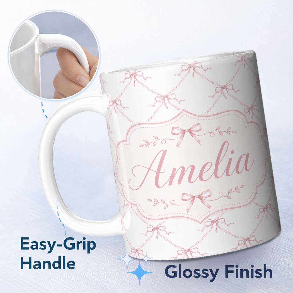 Personalized Custom Name Soft Pink Ribbon Bow Lattice Elegant Seamless Pattern Lovely 11oz Ceramic Coffee Tea Mug White Large Handle