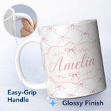 Personalized Custom Name Soft Pink Ribbon Bow Lattice Elegant Seamless Pattern Lovely 11oz Ceramic Coffee Tea Mug White Large Handle