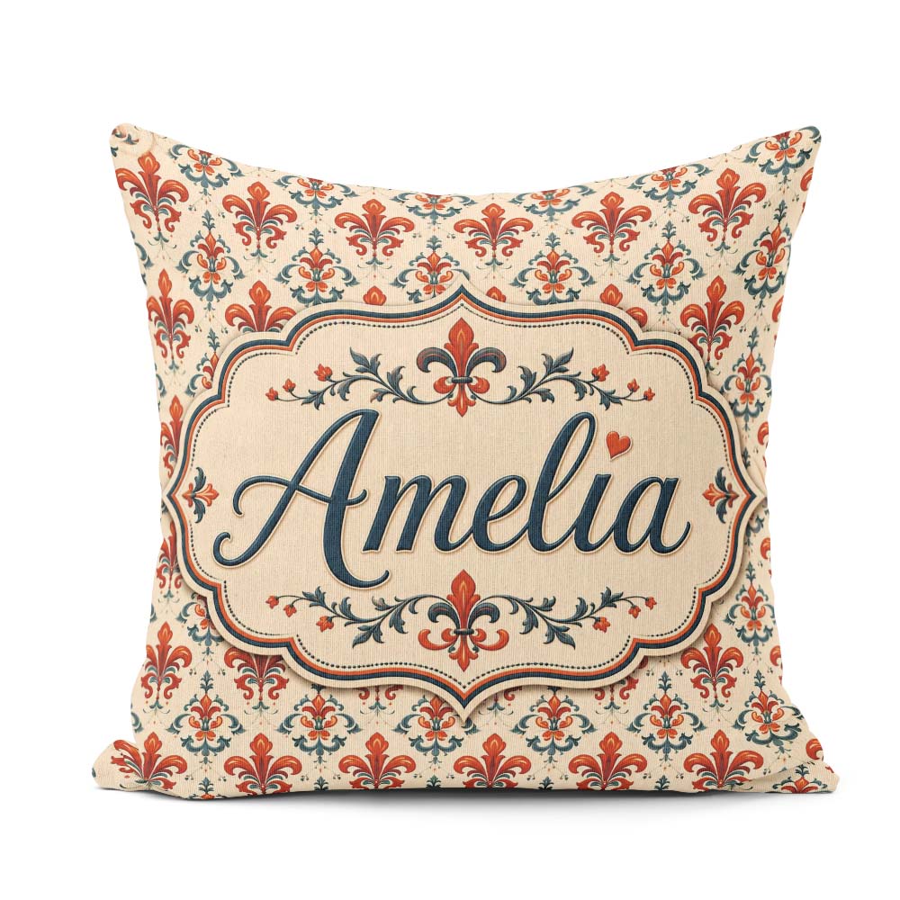 Custom Name Classic Red Fleur de with Decorative Floral Motif on Square Filled Cushion Throw Pillow Sofa Bed Home Decor Zip Washable UK Made
