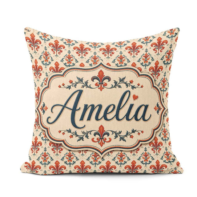 Custom Name Classic Red Fleur de with Decorative Floral Motif on Square Filled Cushion Throw Pillow Sofa Bed Home Decor Zip Washable UK Made