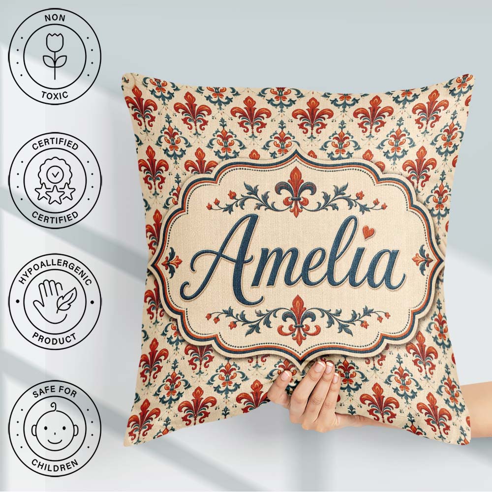 Custom Name Classic Red Fleur de with Decorative Floral Motif on Square Filled Cushion Throw Pillow Sofa Bed Home Decor Zip Washable UK Made