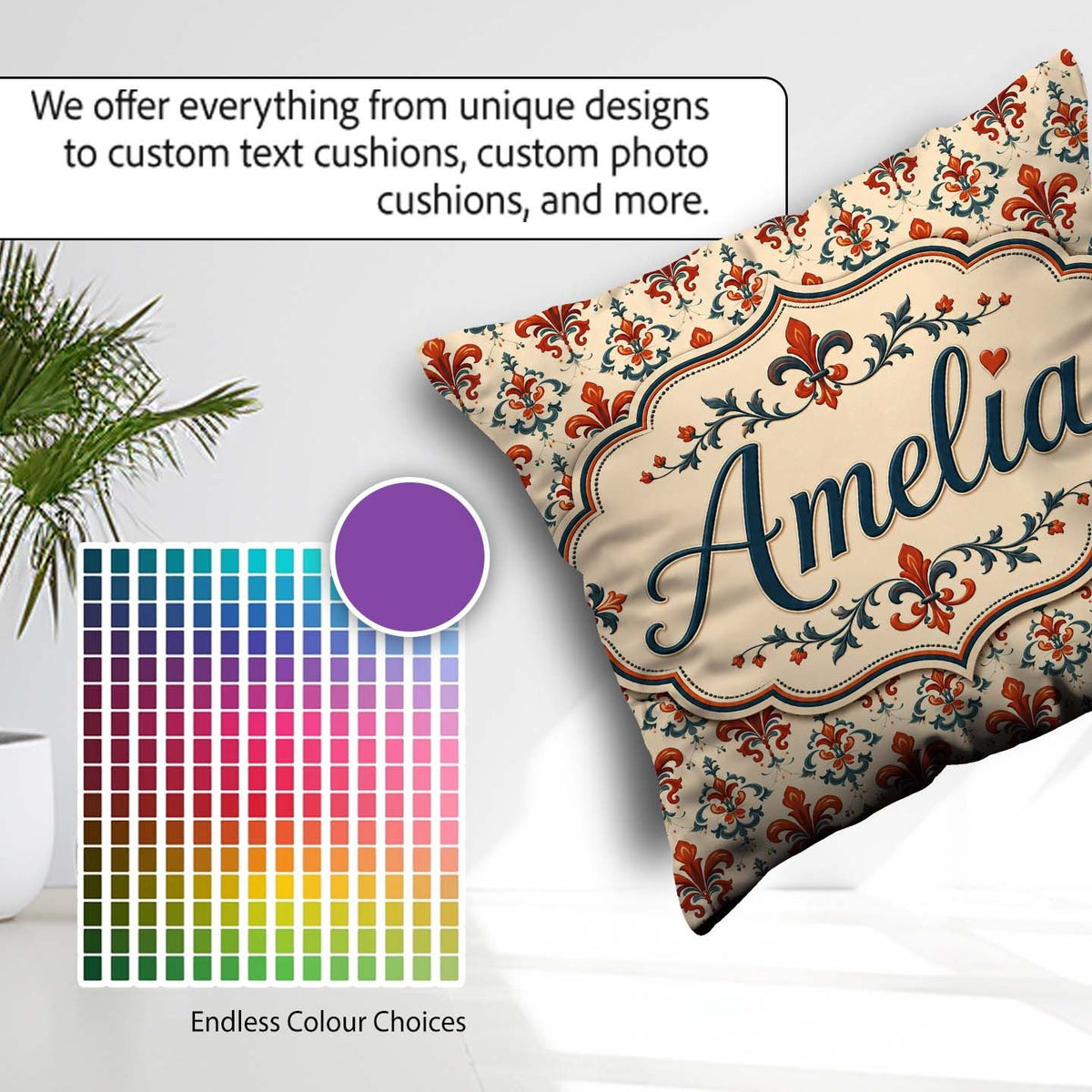 Custom Name Classic Red Fleur de with Decorative Floral Motif on Square Filled Cushion Throw Pillow Sofa Bed Home Decor Zip Washable UK Made