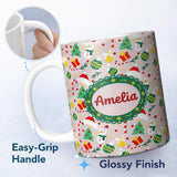Personalized Custom Name Cute Snowman Tree Candy Cane Ornaments Holiday Seamless Pattern 11oz Ceramic Coffee Tea Mug White Large Handle