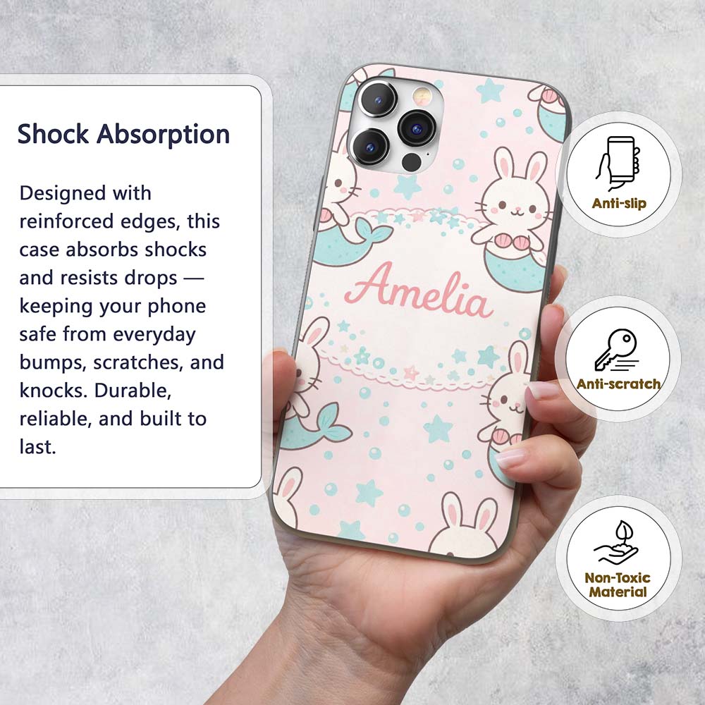 Cute Bunny Mermaid Cartoon Animal Printed Design Custom Name Protective Phone Case Mobile Cover Durable Everyday Smartphone Shock Resistant