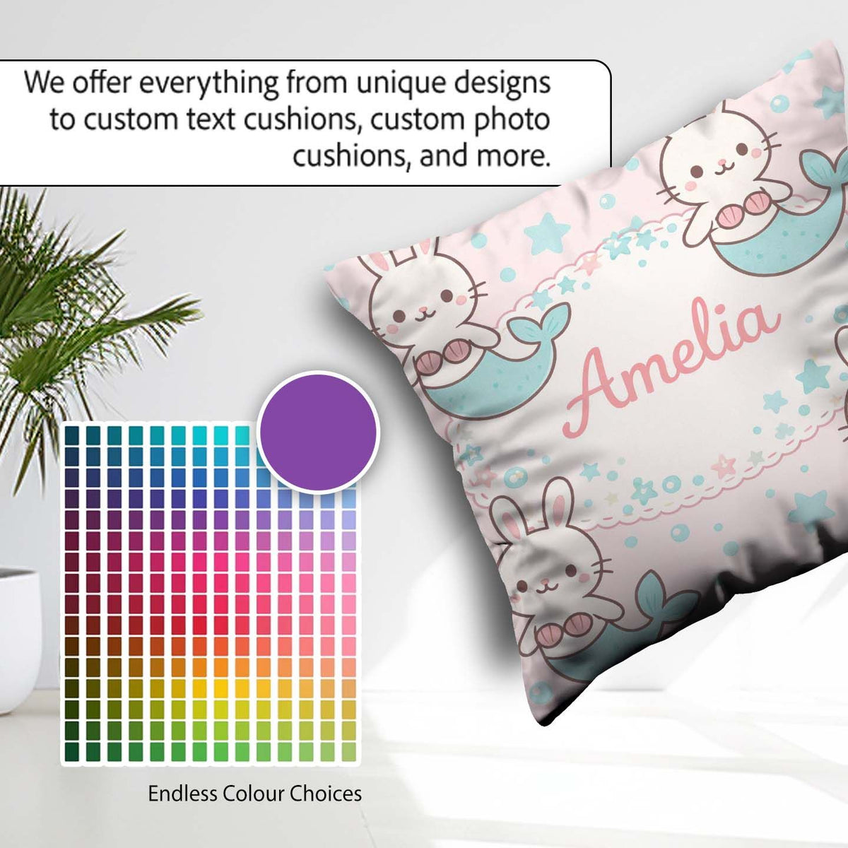 Custom Name Cute Bunny Mermaid Cartoon Animal Pattern Everyday Square Filled Cushion Throw Pillow Sofa Bed Home Decor Zip Washable UK Made
