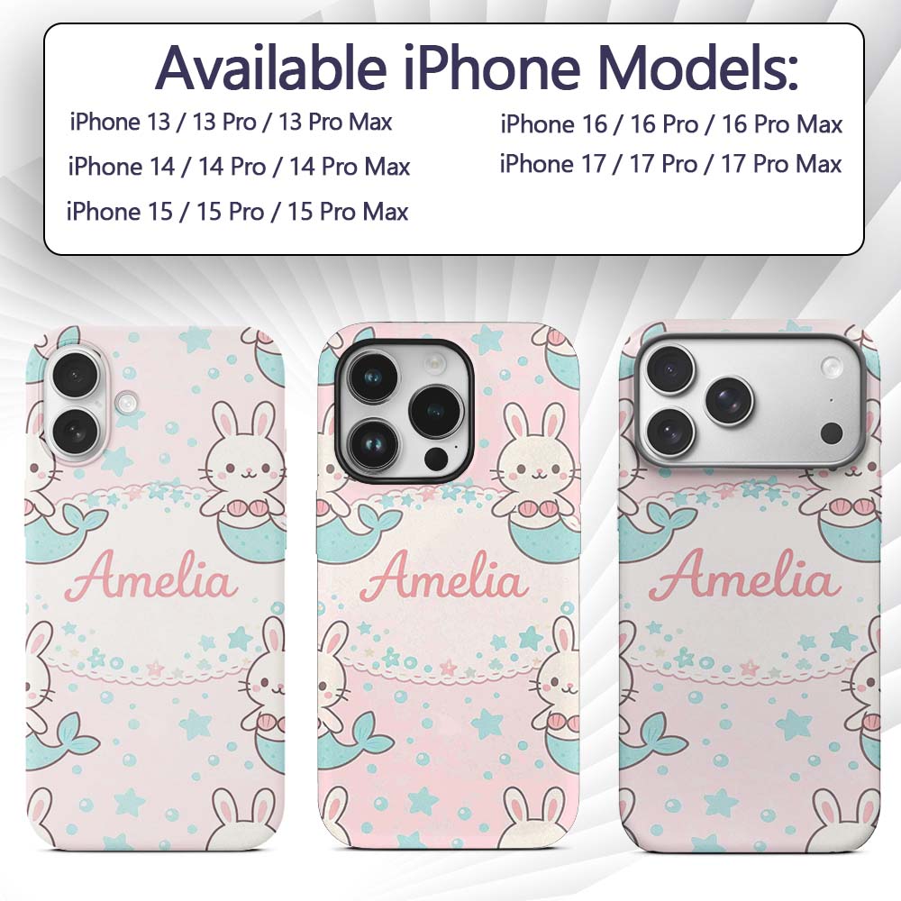 Cute Bunny Mermaid Cartoon Animal Printed Design Custom Name Protective Phone Case Mobile Cover Durable Everyday Smartphone Shock Resistant