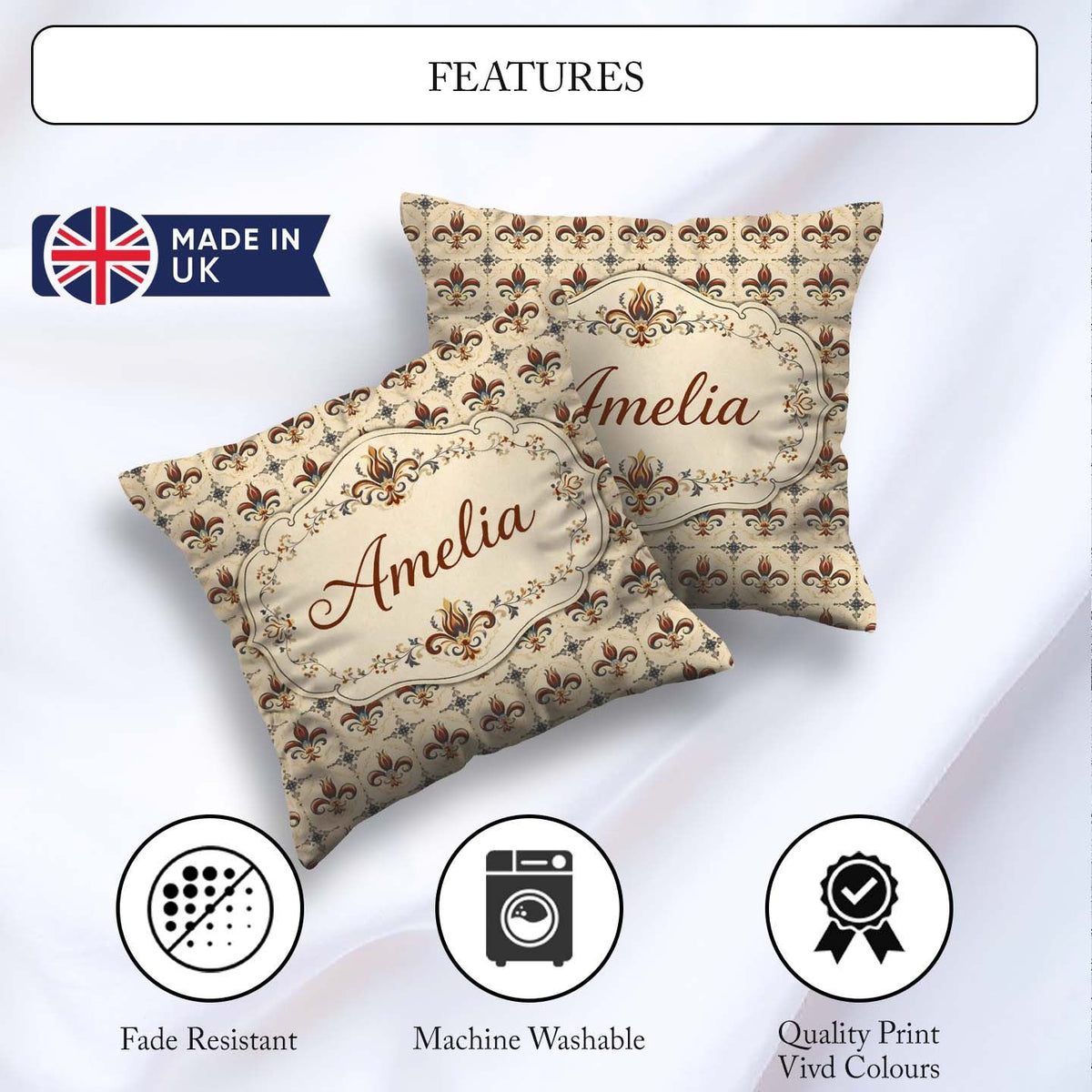 Custom Name Ornate Red and Blue Fleur de Lis Tile Pattern with Square Filled Cushion Throw Pillow Sofa Bed Home Decor Zip Washable UK Made