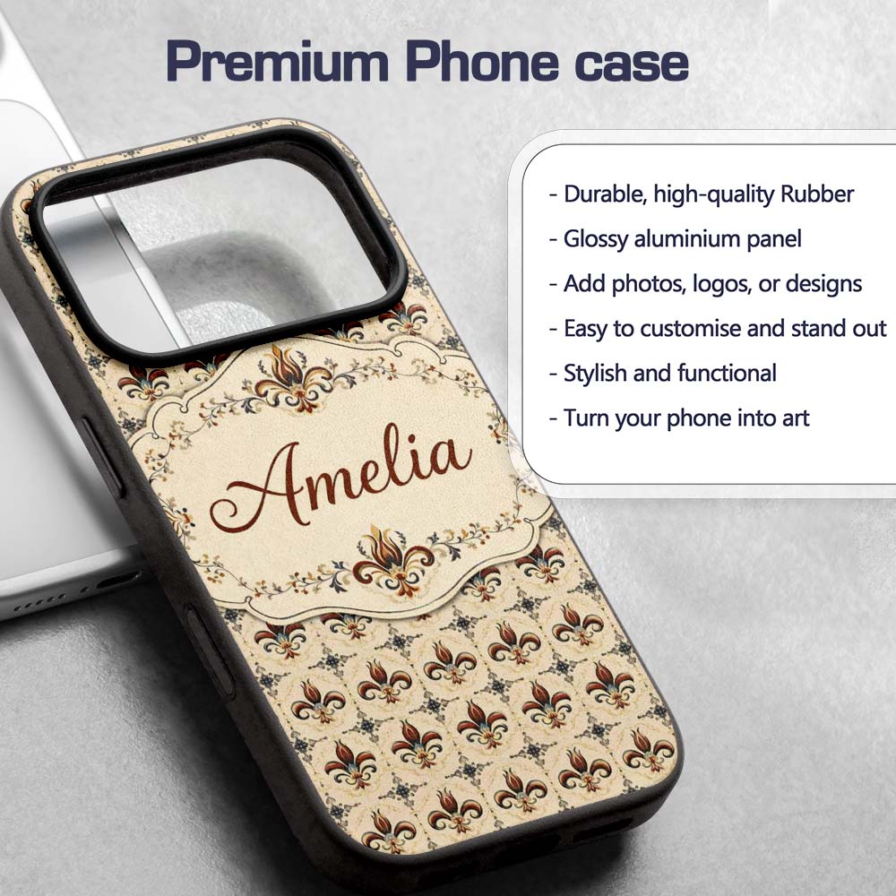 Ornate Red and Blue Fleur de Lis Tile Pattern Custom Name Protective Phone Case Mobile Cover Durable Everyday Smartphone Shock Resistant