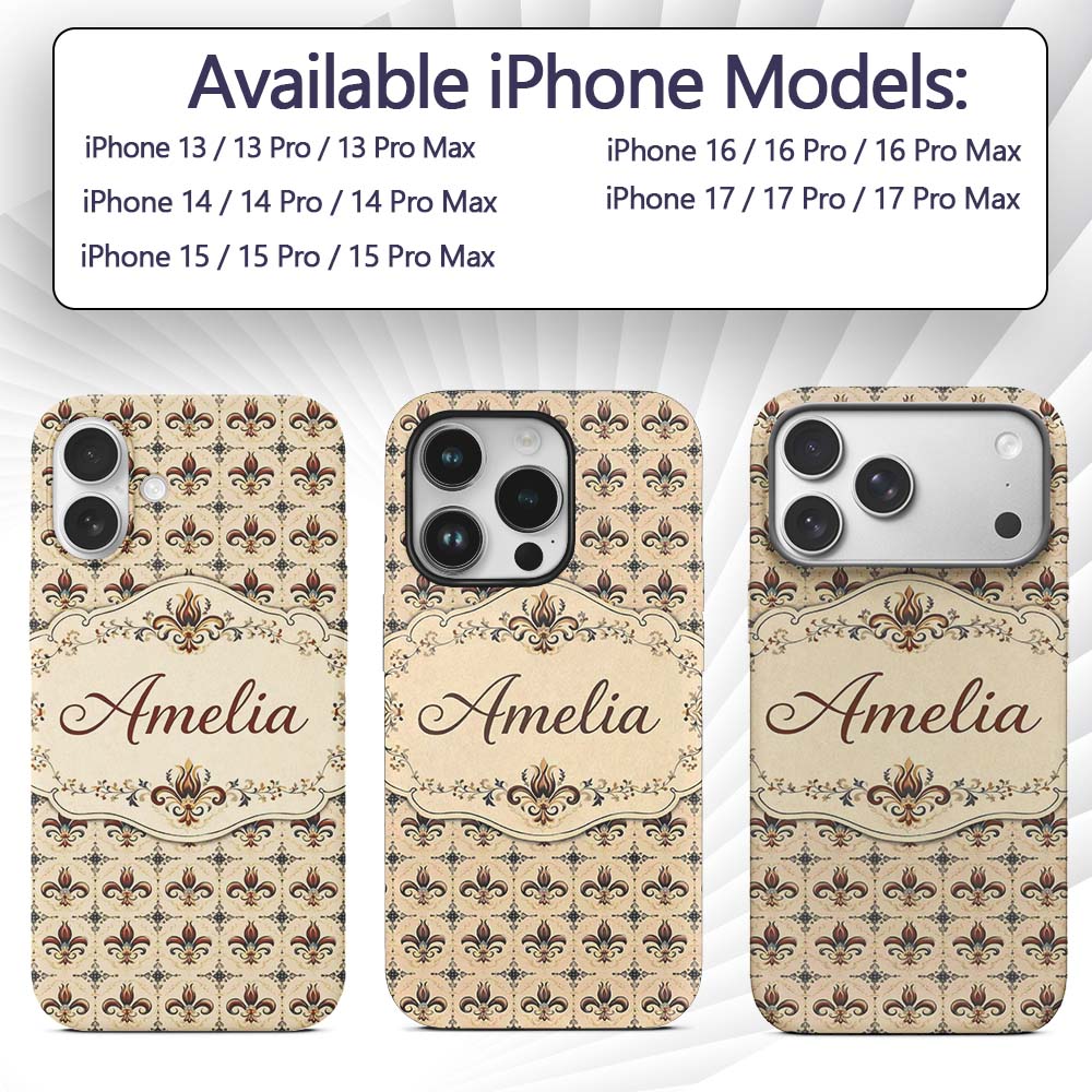 Ornate Red and Blue Fleur de Lis Tile Pattern Custom Name Protective Phone Case Mobile Cover Durable Everyday Smartphone Shock Resistant