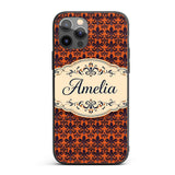 Dark Navy and Orange Floral Fleur de Lis Damask Custom Name Protective Phone Case Mobile Cover Durable Everyday Smartphone Shock Resistant