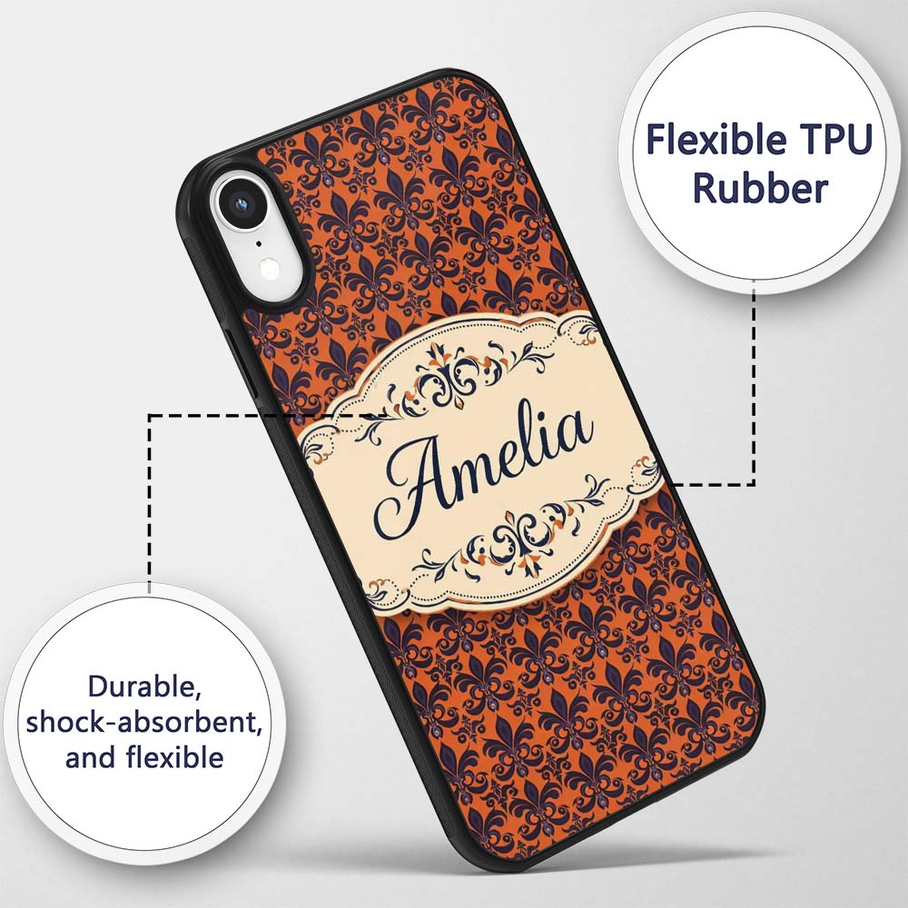 Dark Navy and Orange Floral Fleur de Lis Damask Custom Name Protective Phone Case Mobile Cover Durable Everyday Smartphone Shock Resistant