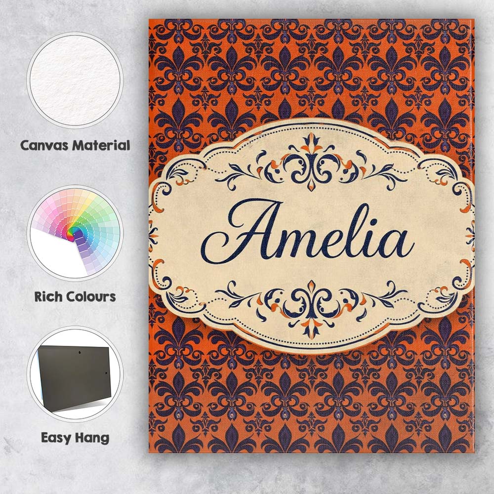Personalised Name Dark Navy and Orange Custom  Modern Room Accent Elegant Feature Canvas Wall Art Print Decor Picture Ready to Hang