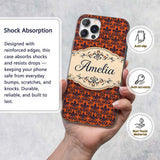 Dark Navy and Orange Floral Fleur de Lis Damask Custom Name Protective Phone Case Mobile Cover Durable Everyday Smartphone Shock Resistant