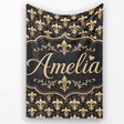 Elegant Gold Fleur de Lis Pattern on Black Background Classic Design  Personalised Custom Name Super Soft Fleece Blanket Bed Sofa Throw