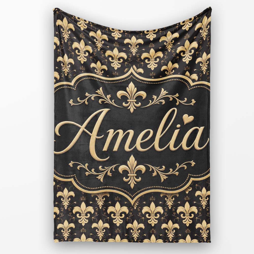 Elegant Gold Fleur de Lis Pattern on Black Background Classic Design  Personalised Custom Name Super Soft Fleece Blanket Bed Sofa Throw