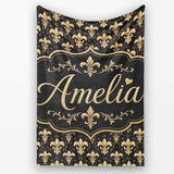 Elegant Gold Fleur de Lis Pattern on Black Background Classic Design  Personalised Custom Name Super Soft Fleece Blanket Bed Sofa Throw