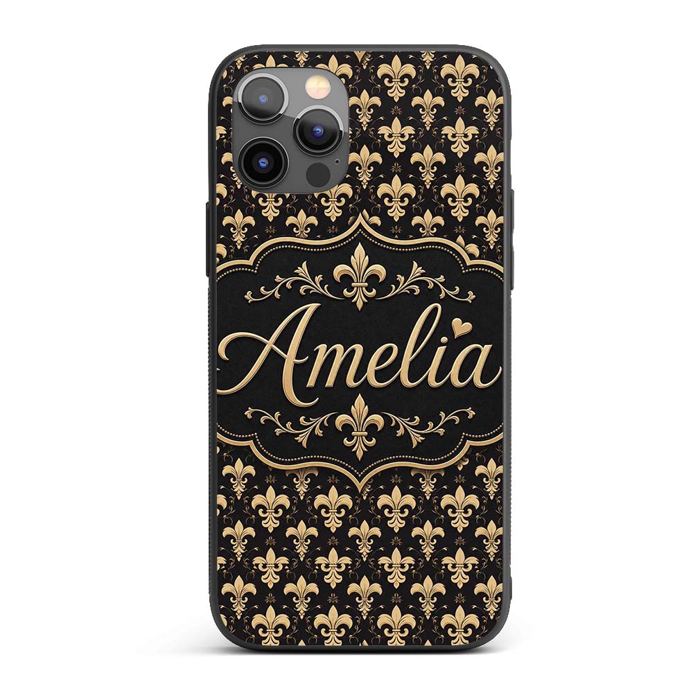 Elegant Gold Fleur de Lis Pattern Printed Design Custom Name Protective Phone Case Mobile Cover Durable Everyday Smartphone Shock Resistant