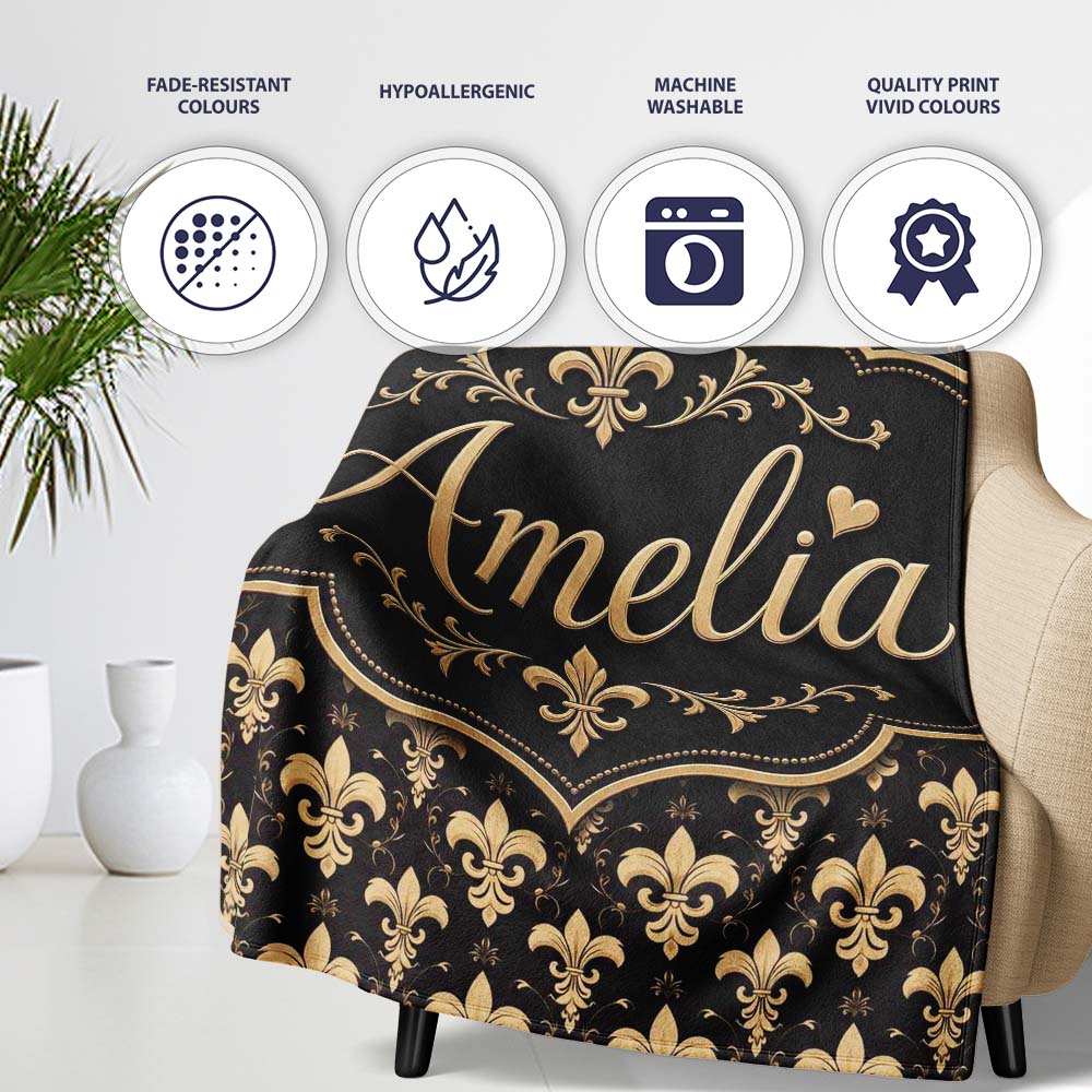 Elegant Gold Fleur de Lis Pattern on Black Background Classic Design  Personalised Custom Name Super Soft Fleece Blanket Bed Sofa Throw