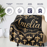 Elegant Gold Fleur de Lis Pattern on Black Background Classic Design  Personalised Custom Name Super Soft Fleece Blanket Bed Sofa Throw