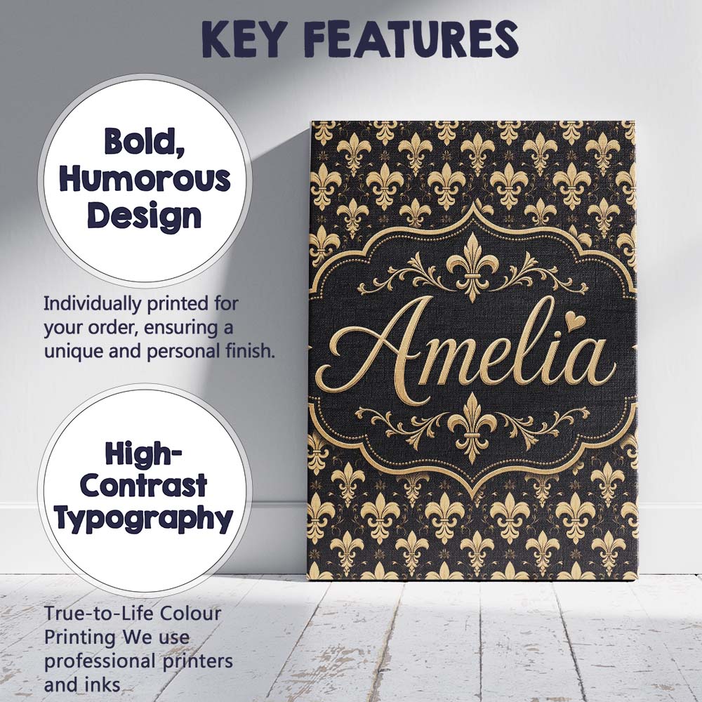 Personalised Name Elegant Gold Fleur de Lis Custom  Bespoke Interior Contemporary Canvas Wall Art Print Decor Picture Ready to Hang