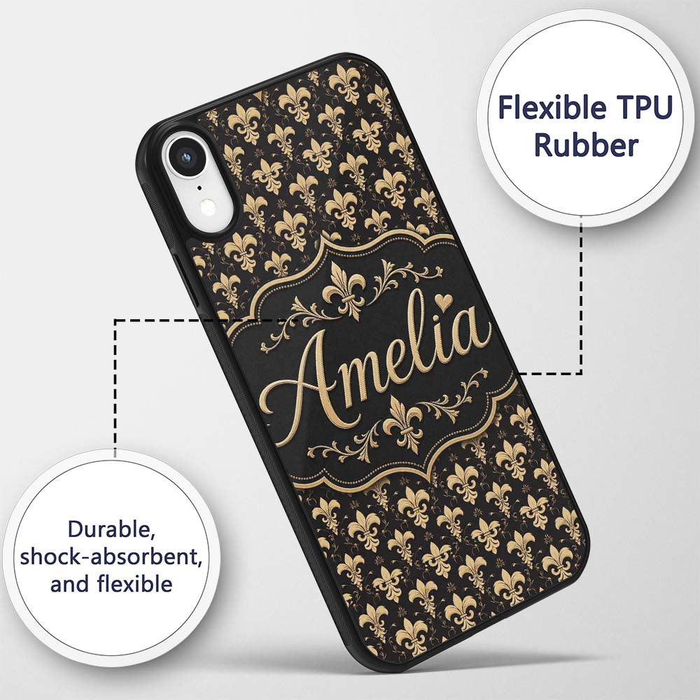 Elegant Gold Fleur de Lis Pattern Printed Design Custom Name Protective Phone Case Mobile Cover Durable Everyday Smartphone Shock Resistant