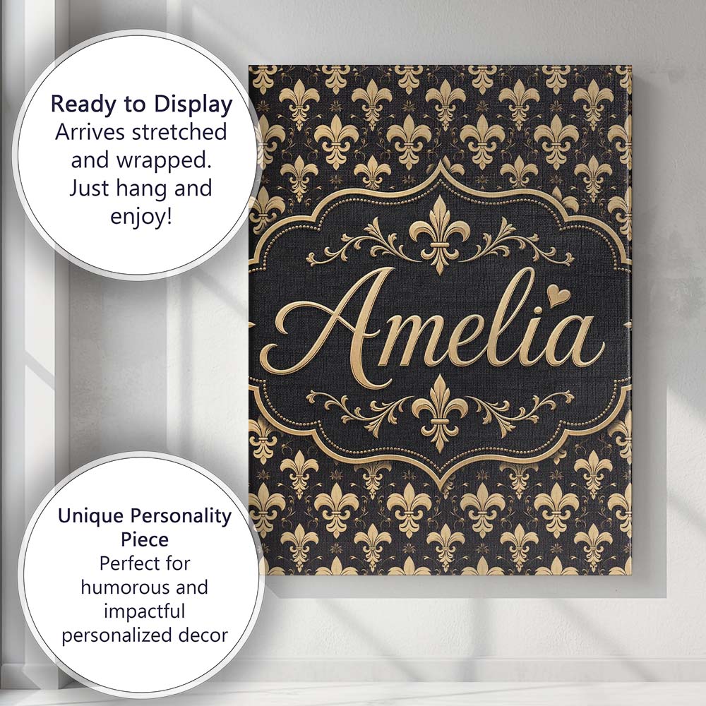 Personalised Name Elegant Gold Fleur de Lis Custom  Bespoke Interior Contemporary Canvas Wall Art Print Decor Picture Ready to Hang