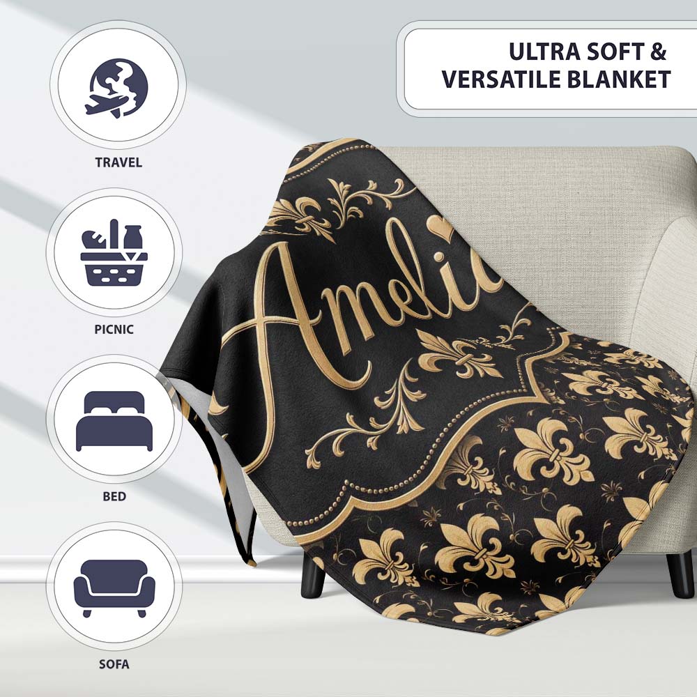 Elegant Gold Fleur de Lis Pattern on Black Background Classic Design  Personalised Custom Name Super Soft Fleece Blanket Bed Sofa Throw