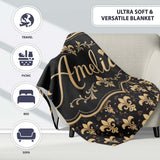 Elegant Gold Fleur de Lis Pattern on Black Background Classic Design  Personalised Custom Name Super Soft Fleece Blanket Bed Sofa Throw