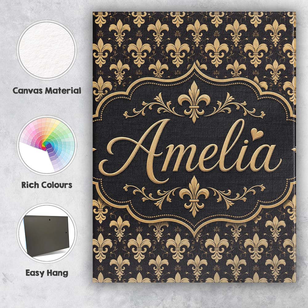Personalised Name Elegant Gold Fleur de Lis Custom  Bespoke Interior Contemporary Canvas Wall Art Print Decor Picture Ready to Hang