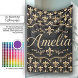 Elegant Gold Fleur de Lis Pattern on Black Background Classic Design  Personalised Custom Name Super Soft Fleece Blanket Bed Sofa Throw