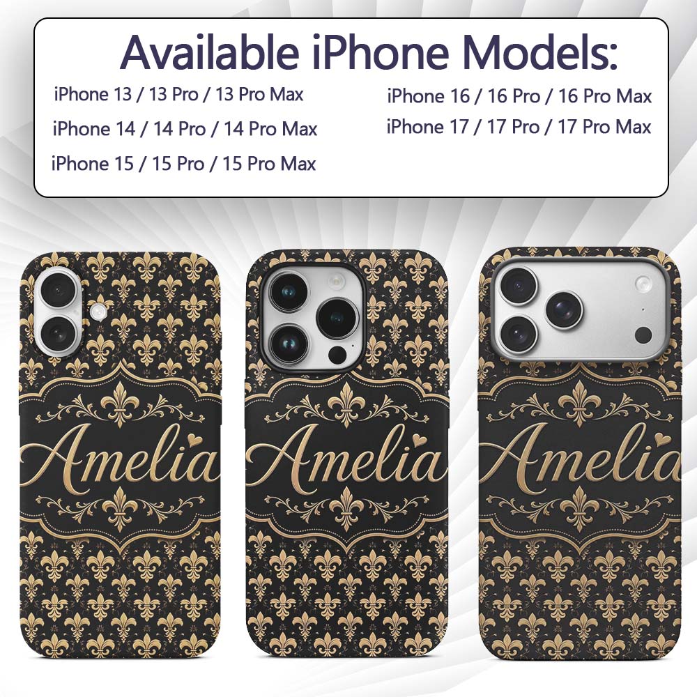Elegant Gold Fleur de Lis Pattern Printed Design Custom Name Protective Phone Case Mobile Cover Durable Everyday Smartphone Shock Resistant
