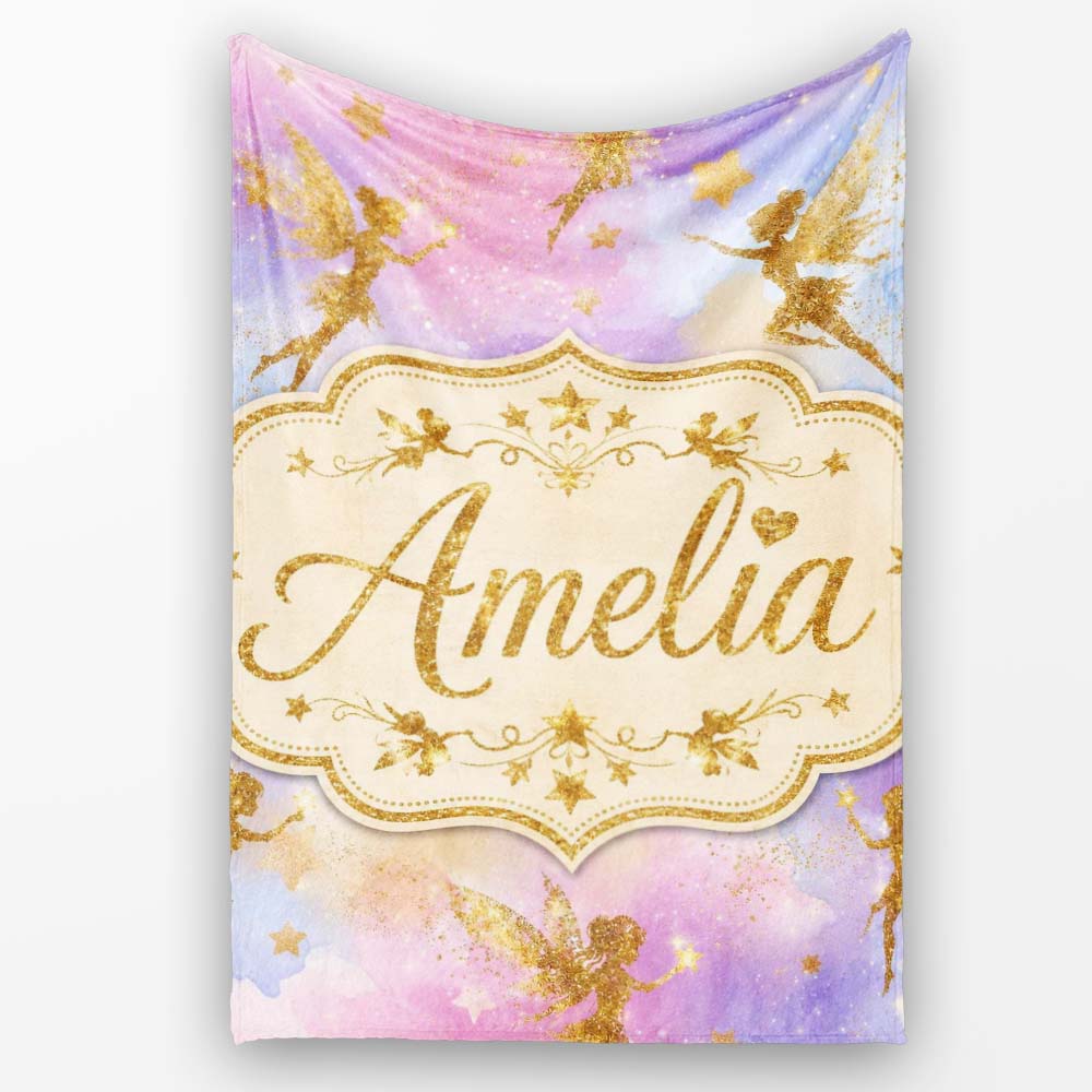 Magical Gold Fairy Silhouettes with Stars on Watercolor Sky Lovely  Personalised Custom Name Super Soft Fleece Blanket Bed Sofa Throw