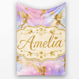 Magical Gold Fairy Silhouettes with Stars on Watercolor Sky Lovely  Personalised Custom Name Super Soft Fleece Blanket Bed Sofa Throw