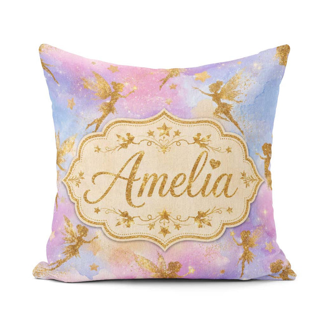 Custom Name Gold Fairy Silhouettes with Stars on Watercolor Sky Square Filled Cushion Throw Pillow Sofa Bed Home Decor Zip Washable UK Made