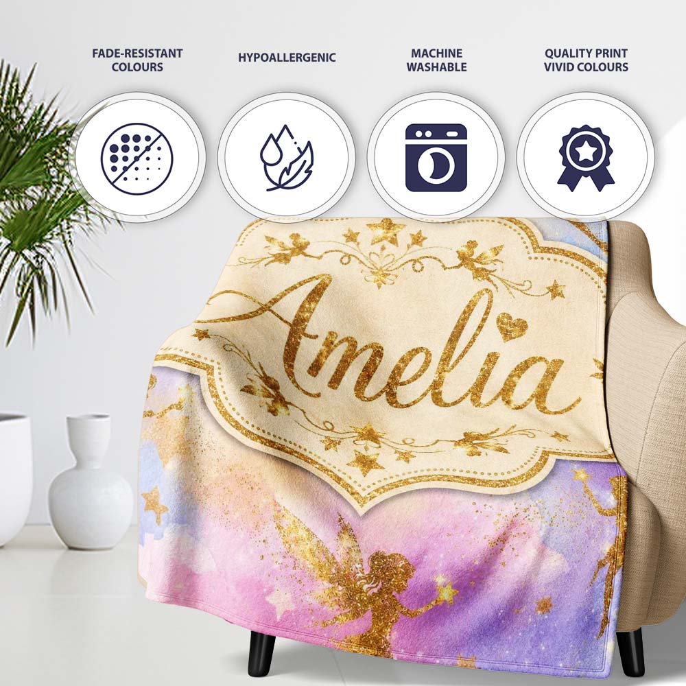 Magical Gold Fairy Silhouettes with Stars on Watercolor Sky Lovely  Personalised Custom Name Super Soft Fleece Blanket Bed Sofa Throw