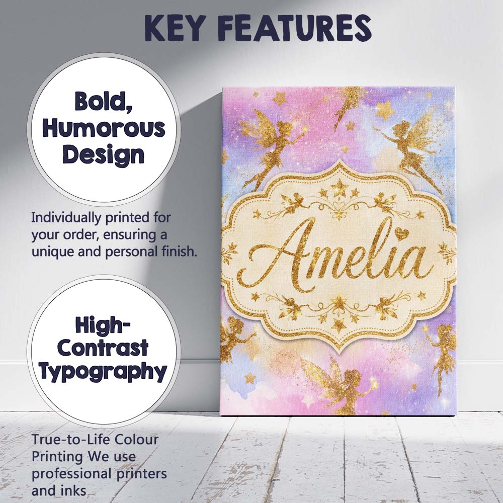 Personalised Name Magical Gold Fairy Custom Premium Decorative Design Modern Room Accent Canvas Wall Art Print Decor Picture Ready to Hang