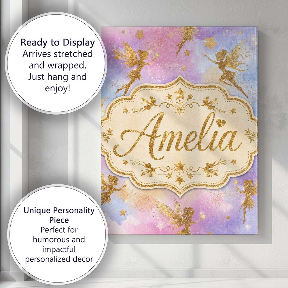 Personalised Name Magical Gold Fairy Custom Premium Decorative Design Modern Room Accent Canvas Wall Art Print Decor Picture Ready to Hang