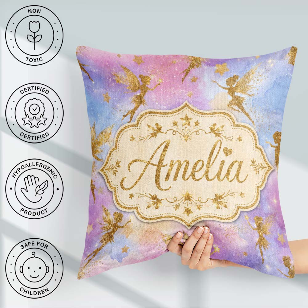 Custom Name Gold Fairy Silhouettes with Stars on Watercolor Sky Square Filled Cushion Throw Pillow Sofa Bed Home Decor Zip Washable UK Made