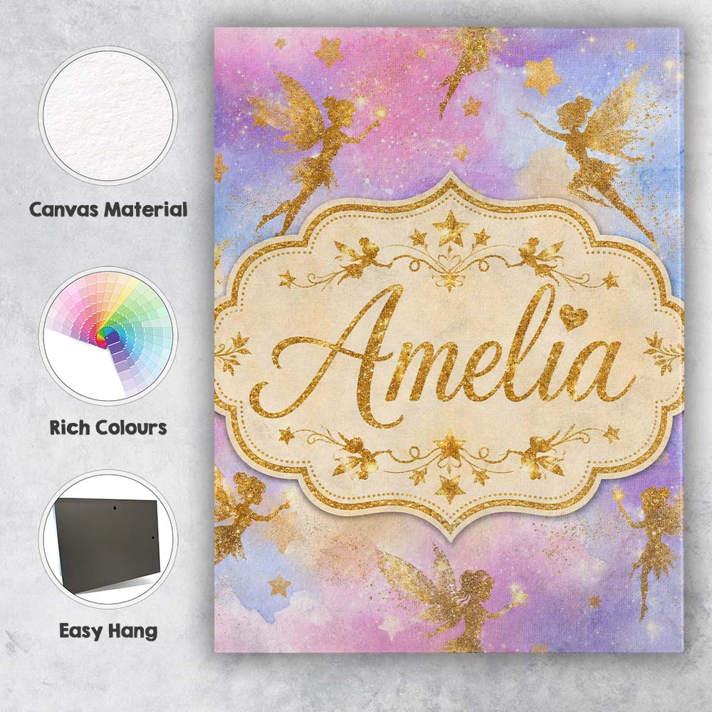 Personalised Name Magical Gold Fairy Custom Premium Decorative Design Modern Room Accent Canvas Wall Art Print Decor Picture Ready to Hang