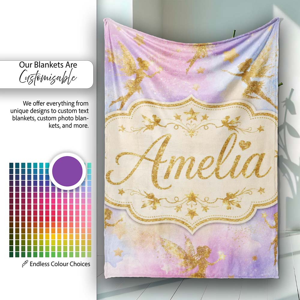 Magical Gold Fairy Silhouettes with Stars on Watercolor Sky Lovely  Personalised Custom Name Super Soft Fleece Blanket Bed Sofa Throw