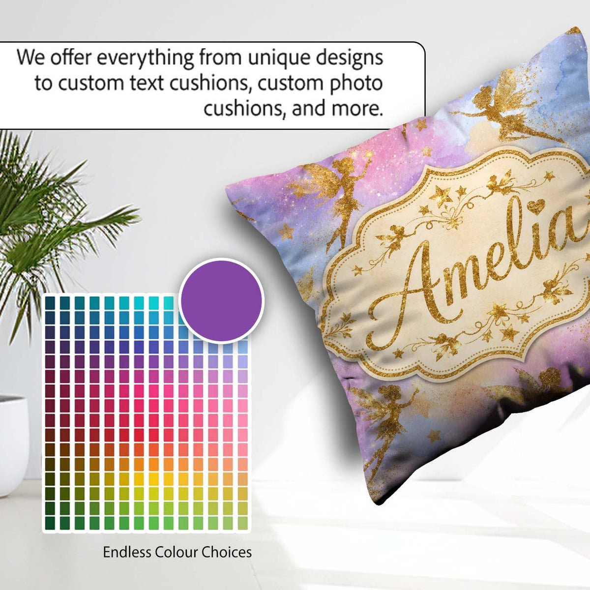 Custom Name Gold Fairy Silhouettes with Stars on Watercolor Sky Square Filled Cushion Throw Pillow Sofa Bed Home Decor Zip Washable UK Made