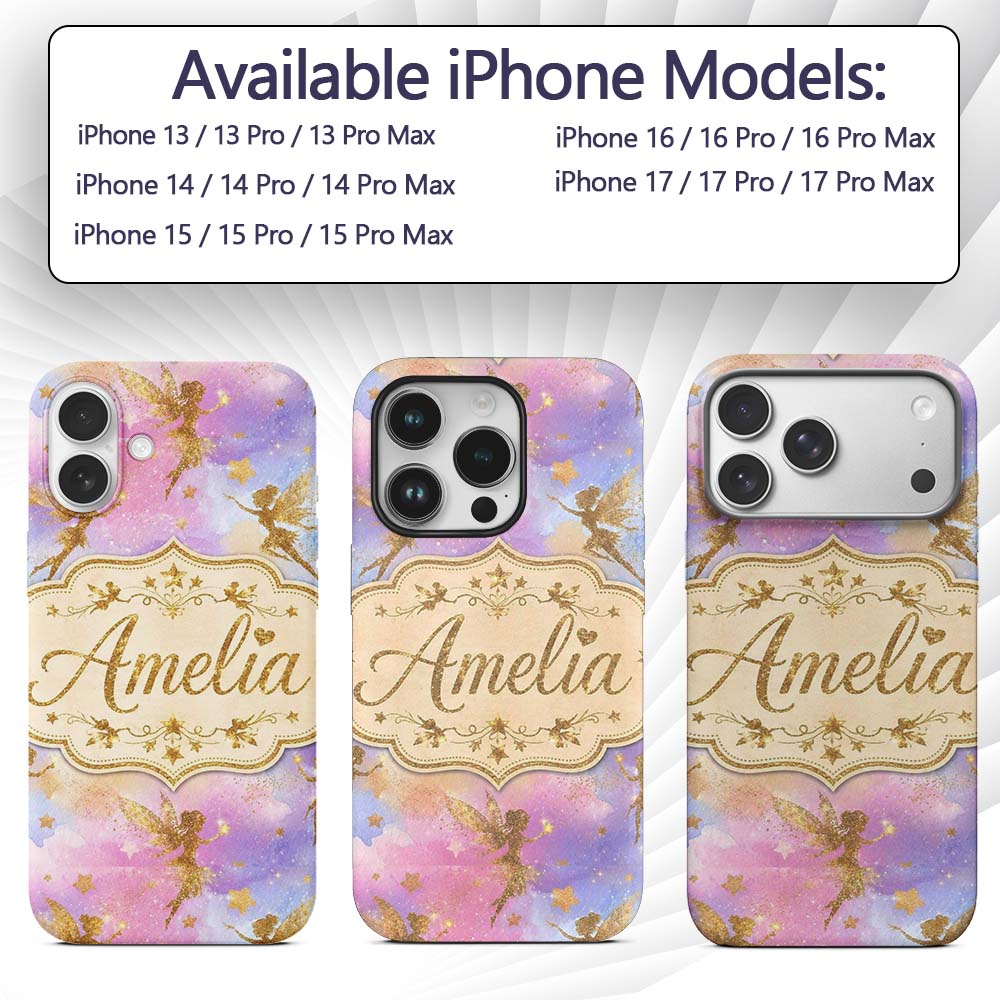 Magical Gold Fairy Silhouettes with Stars on Custom Name Protective Phone Case Mobile Cover Durable Everyday Smartphone Shock Resistant