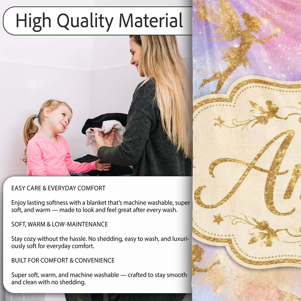 Magical Gold Fairy Silhouettes with Stars on Watercolor Sky Lovely  Personalised Custom Name Super Soft Fleece Blanket Bed Sofa Throw